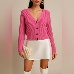 Pink buttonfront chunky knit cardigan M Barbiecore cozy valentines day girly